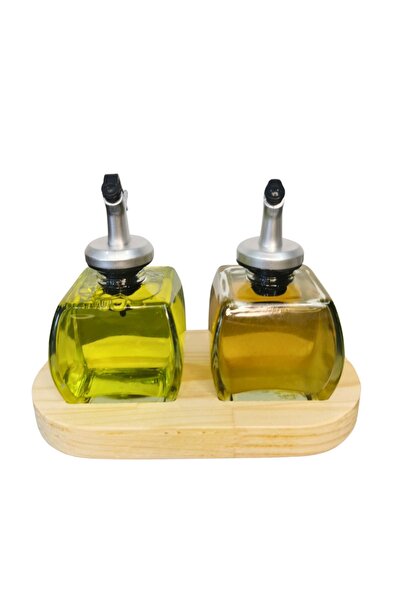 PITRAK PıtrakStore - Transparent Olive Oil Set of 2 with Wooden Stand 150ml Sauce Bowl Oil Silver Head