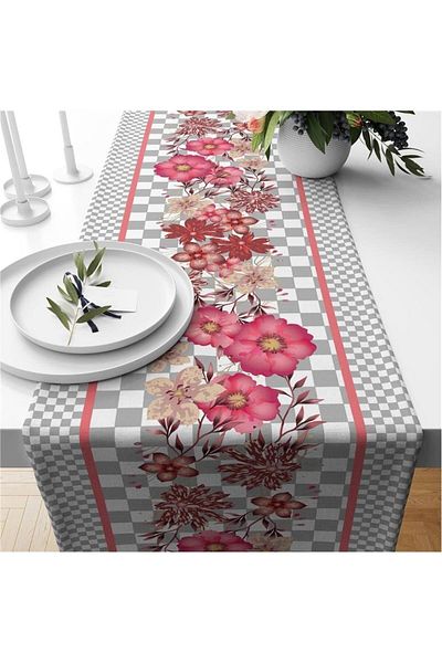 Evmila Gray Gingham Floral Patterned Velvet Runner