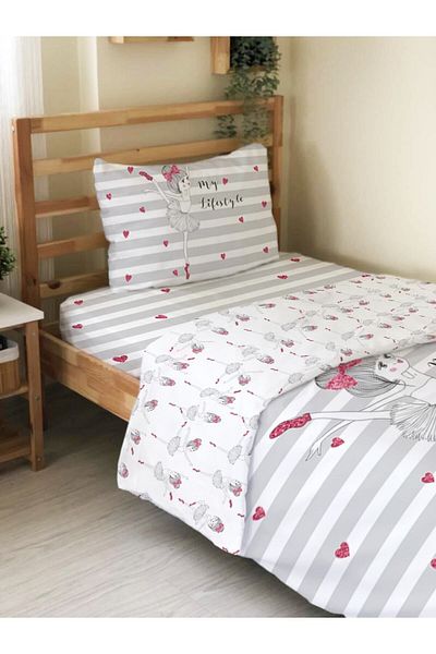 Evmila Double Sided Ballerina Girl Patterned - Printed Single Duvet Cover Set Gray