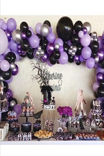 Parti dolabı 50li Wednesday Doğum Günü Konseptli Balon Zincir Seti Siyah, Makaron Lila, Krom Gümüş, Krom Mor