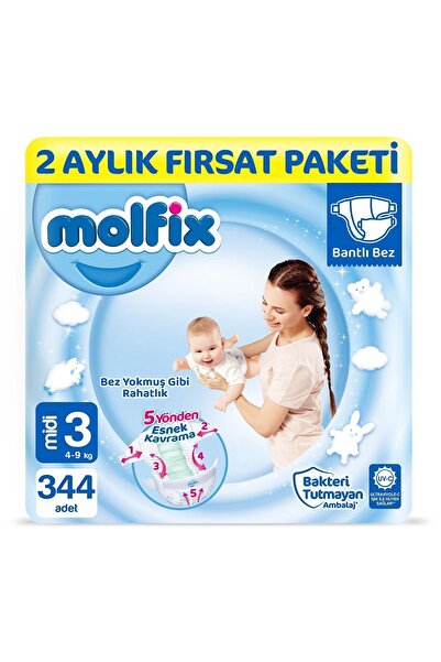 Molfix Bebek Bezi 3 Beden Midi 2 Aylık Fırsat Paketi 344 Adet