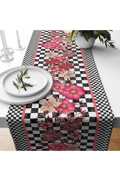 Evmila Runner din catifea cu model floral Gingham negru