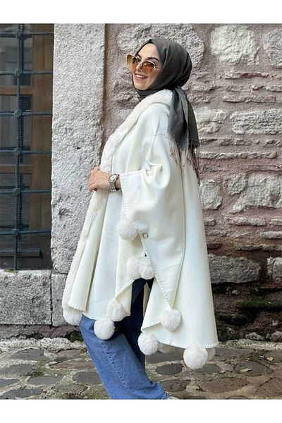 fiore fashion Mother Pompom Fur Knitwear Wool White Winter Thick Poncho Cap