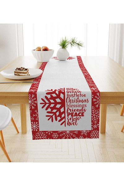 Evmila Christmas Themed Snow Crystal Patterned Velvet Runner