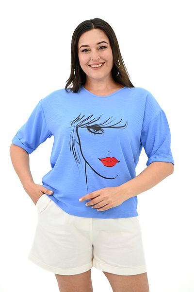 Koza Butik Tricou de damă cu imprimeu cu față de mărime mare - 1788-25