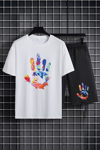 MYADA Colorful Children's Set - Crew Neck, Elastic Shorts, Printed Handprint Set of 2 20561