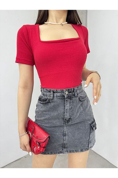 kozzy Fitted/Body Fitted Square Neck Short Sleeve Cotton Camisole Long Blouse Red (Bust Double Layer)