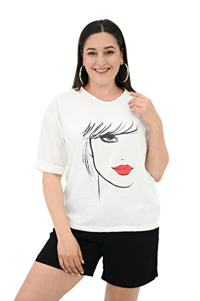 Koza Butik Γυναικείο T-shirt με στάμπα προσώπου μεγάλου μεγέθους - 1788-25