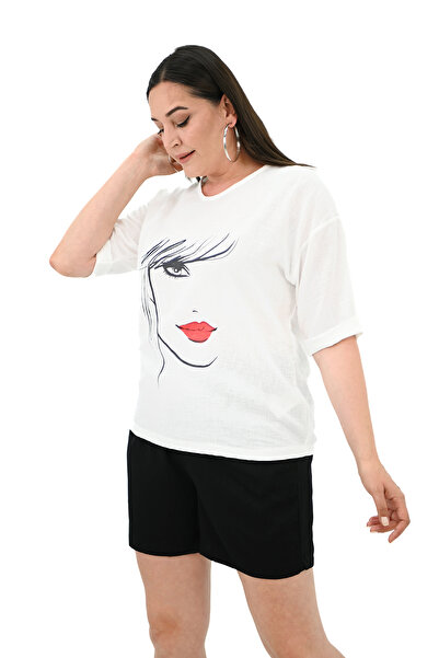 Koza Butik Γυναικείο T-shirt με στάμπα προσώπου μεγάλου μεγέθους - 1788-25