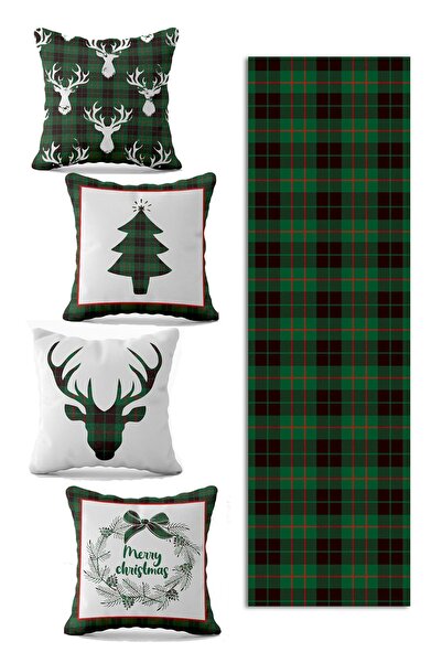 Evmila New Year Pattern Christmas and Christmas Special Design 4-Piece Throw Pillow Cover and Runner Set
