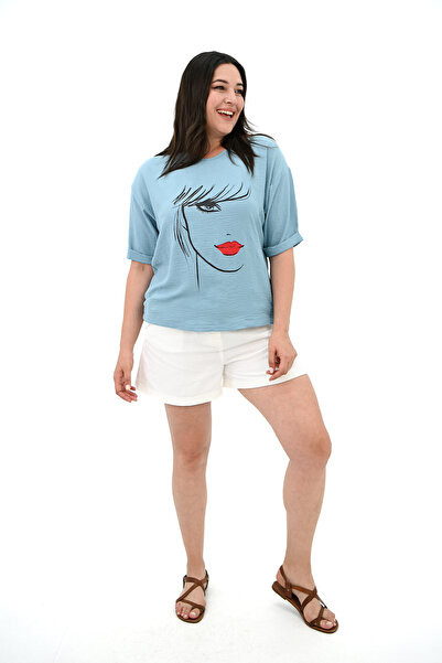 Koza Butik Γυναικείο T-shirt με στάμπα προσώπου μεγάλου μεγέθους - 1788-25