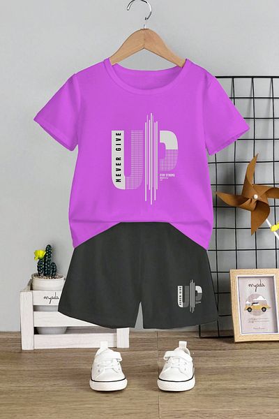 MYADA Never Give Up Printed Children's Set - Crew Neck, Elastic Shorts, Set of 2 11126
