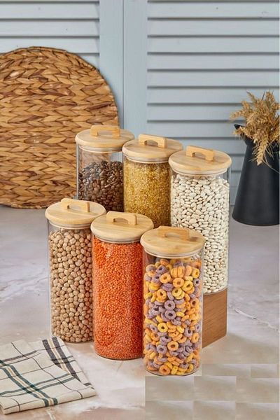 Cooker 6 Pieces 24 cm Borosilicate Round Glass Jar - Bamboo Vacuum Lid