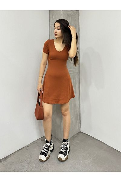 kozzy Rochie mini de vară pentru femei color cărămidă - Decolteu în V, mânecă scurtă, bumbac