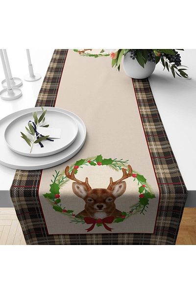Evmila Velvet Runner with Deer and Wreath Pattern