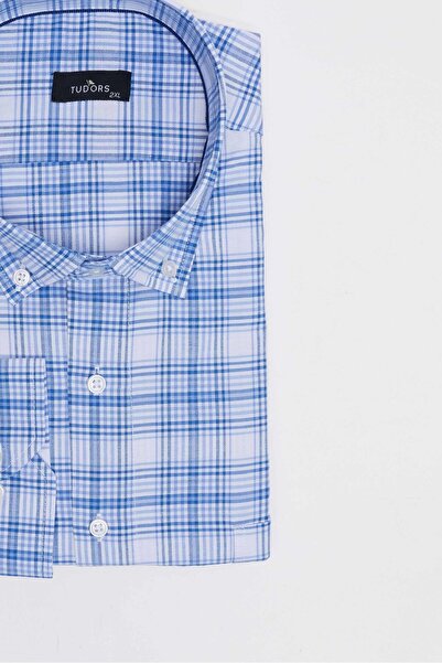 Tudors Büyük Beden Düğmeli Yaka Kareli Pamuklu Erkek Gömlek