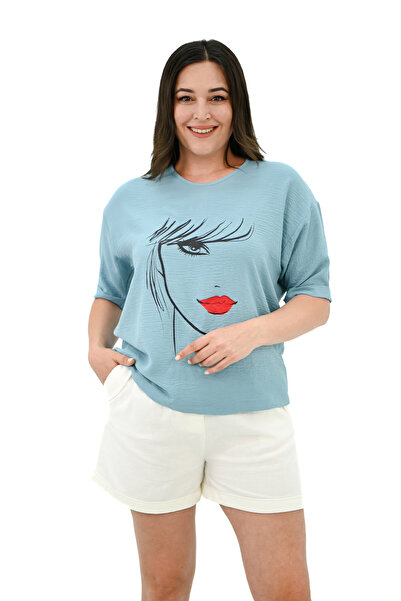 Koza Butik Γυναικείο T-shirt με στάμπα προσώπου μεγάλου μεγέθους - 1788-25