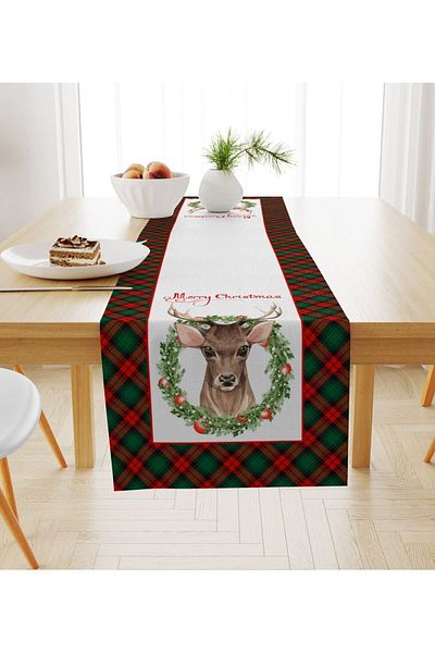 Evmila Christmas Themed Velvet Runner with Deer Pattern