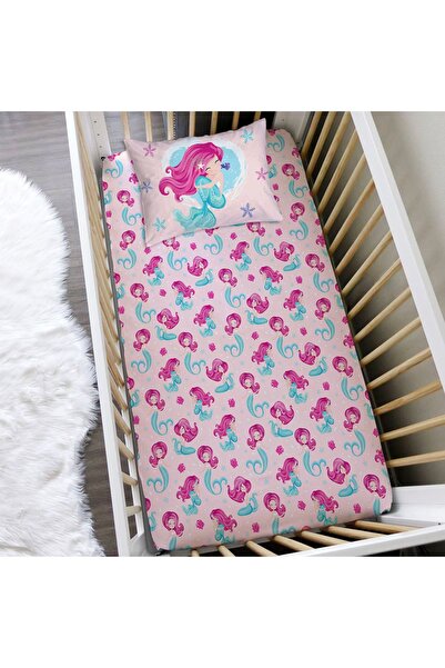 Evmila Deniz Kızı Desen Baskılı Bebek Boy Lastikli Çarşaf Seti Pembe