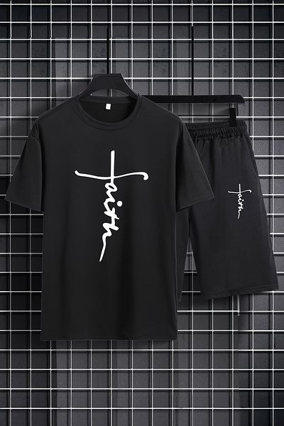 MYADA Set pentru copii cu imprimeu Faith - Decolteu, pantaloni scurți elastici, set de 2 20543