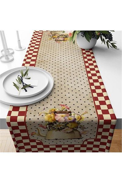 Evmila Red Yellow Gingham Patterned Velvet Runner