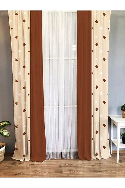 Evmila Printed Star Patterned Single Wing Velvet Texture Background Curtain - Brown