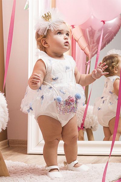 Le Mabelle Baby Girl Romper with Ecru Bag and Tulle Butterfly Detail - Danita