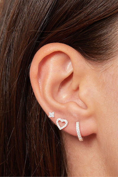 Elika Silver Kadın Kalp Model 925 Ayar Gümüş Üçlü Küpe Set