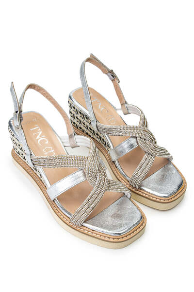 Tamer Tanca Silver Metallic Genuine Leather Women's Sandals