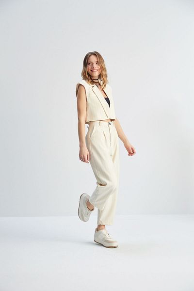 Julidress Ecru Striped Double Breasted Collar Premium Vest and Trousers Set