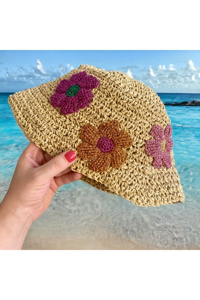 Flux Design Factory El Örgüsü Rafya Hasır Kova Katlanabilir Çiçekli Plaj Şapk...