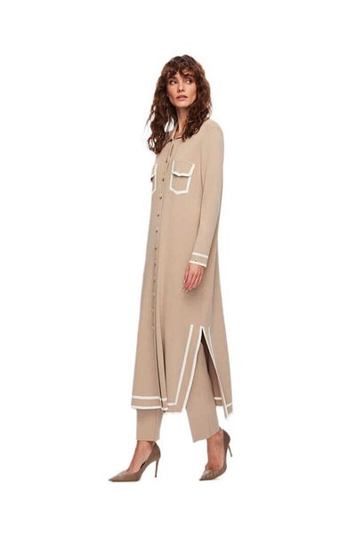 MISS DALIDA Cardigan lung de tricotaj bej - Detaliu dungi