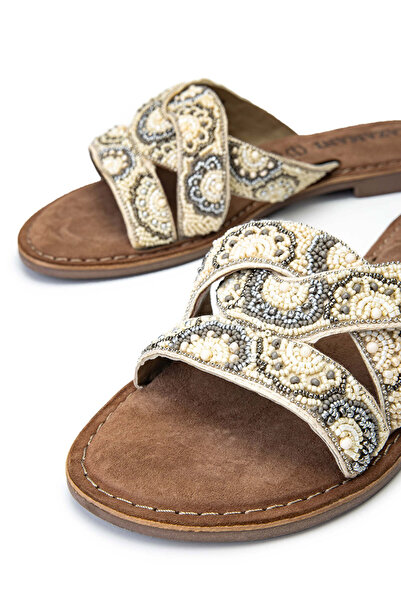 LAZAMANİ Lazamani Women's Beige Genuine Leather Flat Slippers