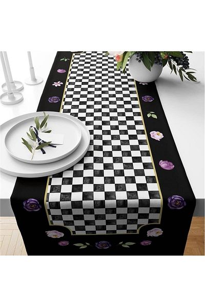 Evmila Runner din catifea cu model Gingham negru