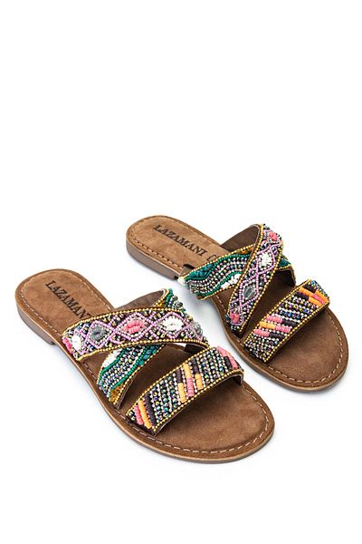 LAZAMANİ Lazamani Women's Beige Genuine Leather Flat Slippers