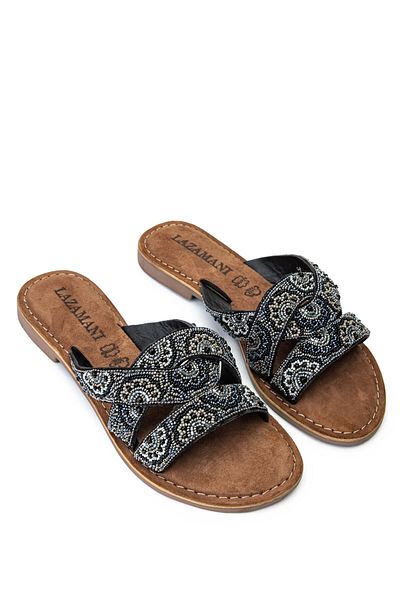 LAZAMANİ Lazamani Black Genuine Leather Women's Flat Slippers