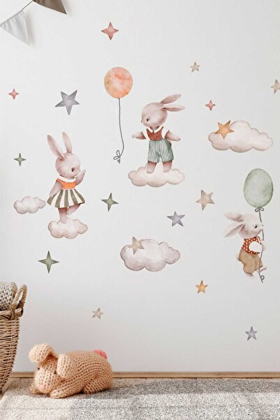 Sticker Ekspres Sevimli Tavşanlar Gökyüzünde Çocuk Odası Duvar Sticker