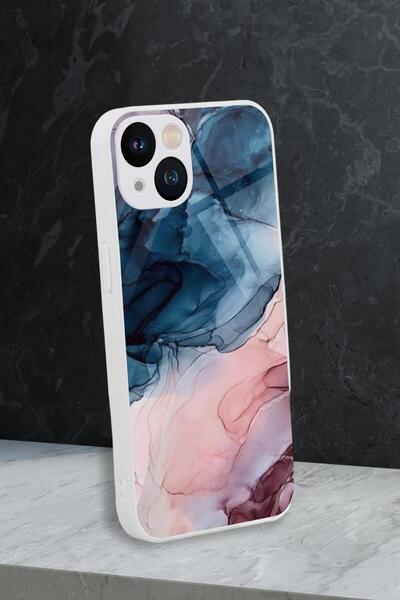 mooodcase iPhone 13 Uyumlu Renkli Mermer Desenli Glossy Glass Kamera Korumalı Silikonlu Telefon Kılıfı