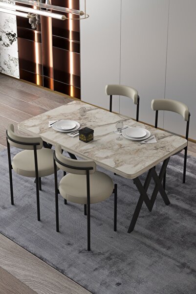 Cosargroup Ege 4 Kişilik Mutfak Masa Takımı -Krem Kumaş 70x110 W Mutfak Masası Ege Sandalye Krem Kumaş