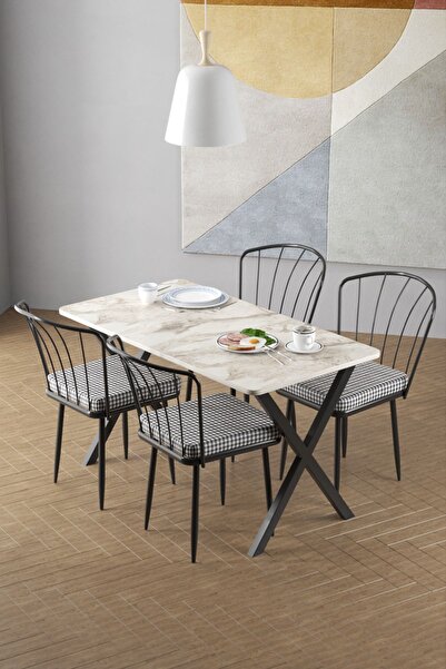 Cosargroup 60x120 X Ayak Beyaz Mermer Yemek Masa, Mutfak Masa Takımı 4 Adet G...
