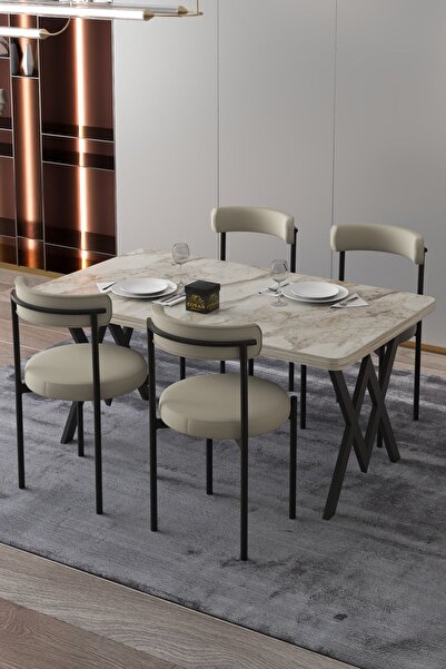 Cosargroup Ege 4 Kişilik Mutfak Masa Takımı -Krem Kumaş 70x110 W Mutfak Masası Ege Sandalye Krem Kumaş