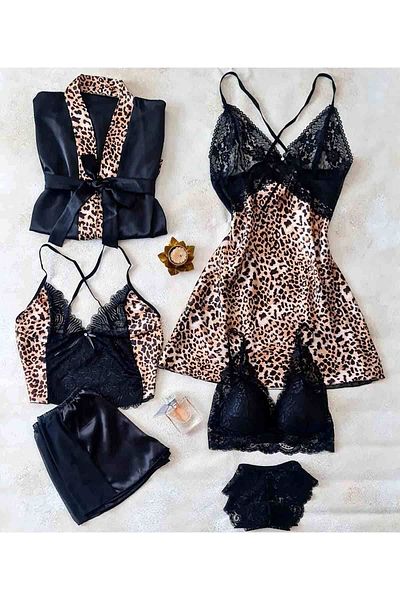 Çeyize dair herşey Set de mireasa din satin de matase cu imprimeu leopard 6 piese - 6655