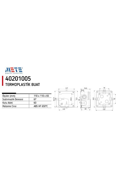 Mete Enerji Mete Energy - 110X110X65Mm Ip67 Thermoplastic Junction Box (6 Pieces)