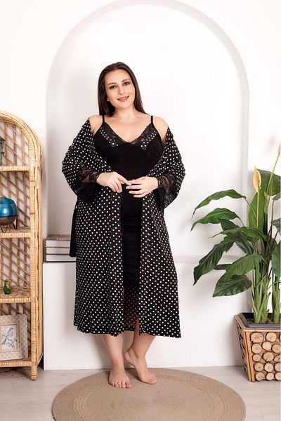 makkash Plus Size Black Polka Dot Nightgown Set - Cotton Combed, Strap Shoulder