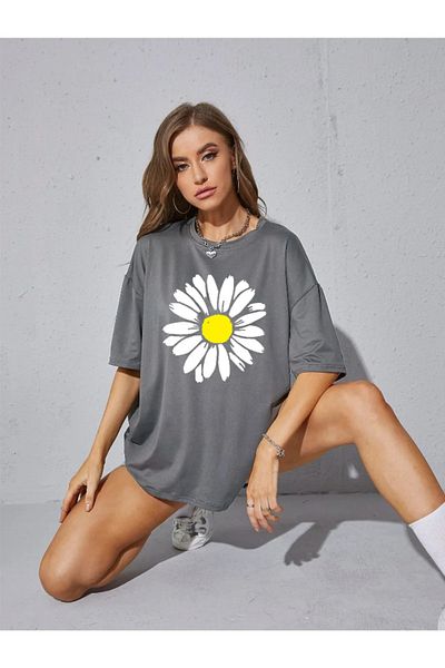 DAXİS Sportwear Company Daisy Printed Women's Oversize T-Shirt - Crew Neck