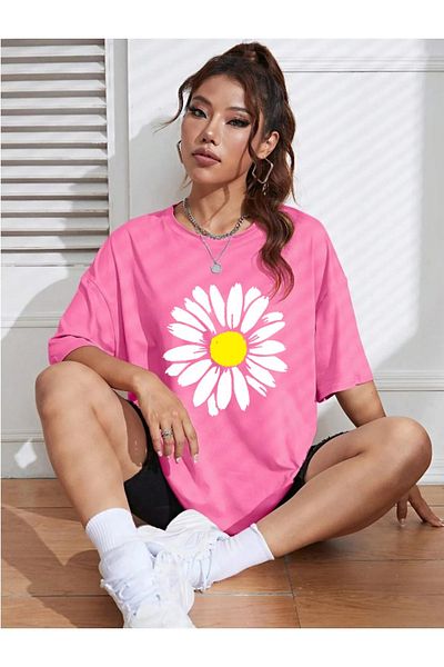 DAXİS Sportwear Company Női százszorszép nyomott póló - Oversize Crew Neck póló