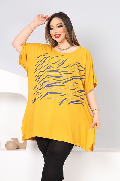 HÜLYA BUTİK Women's Plus Size Mustard Zebra Printed Slit Blouse