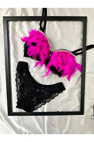 Secret Inside Lingerie & Dress Collection siyah pembe Tüylü taşlı Dantelli do...