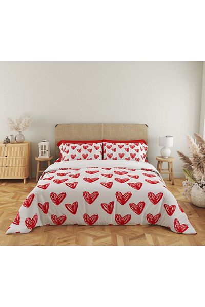 Evmila Set cuvertură de pilota dublă 200x220 cm 2 bucăți 50x70cm cu model inimă roșie - alb
