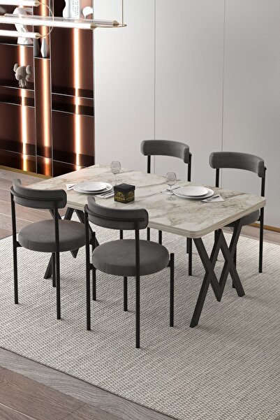 Cosargroup Ege 4 Kişilik Mutfak Masa Takımı -Antrasit Kumaş 70x110 W Mutfak M...